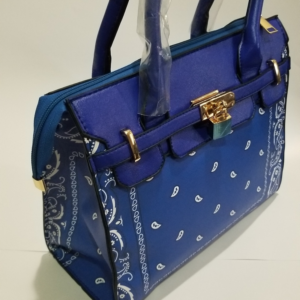 Blue bandana print handbag paisley print